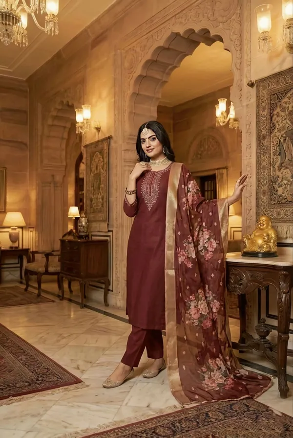 Maroon_Embroidered_Salwar_Suit_With_Floral_Dupatta_Ethnic_Wear_For_Women