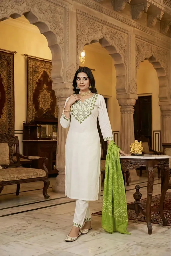 White_Embroidered_Kurta_Pant_Set_With_Green_Dupatta_For_Women