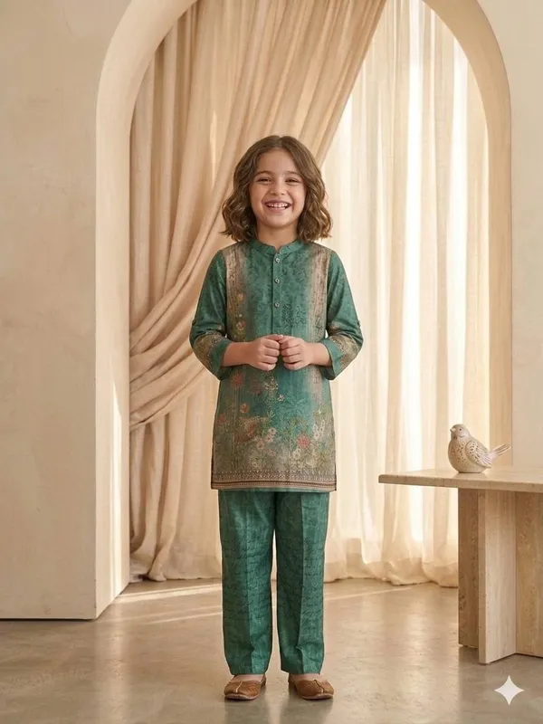 Bottle_Green_with_Soft_Floral_Print_Co-Ord_Set_For_Girls