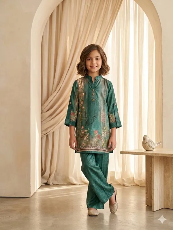 Bottle_Green_with_Soft_Floral_Print_Co-Ord_Set_For_Girls