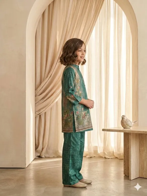 Bottle_Green_with_Soft_Floral_Print_Co-Ord_Set_For_Girls