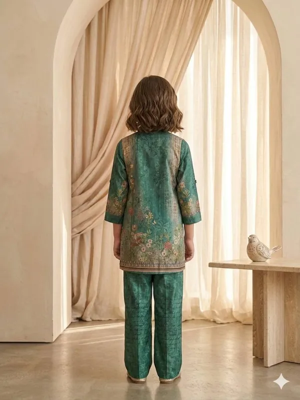 Bottle_Green_with_Soft_Floral_Print_Co-Ord_Set_For_Girls