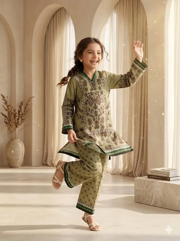 Olive_Green_with_Soft_Print_Co-Ord_Set_For_Girls