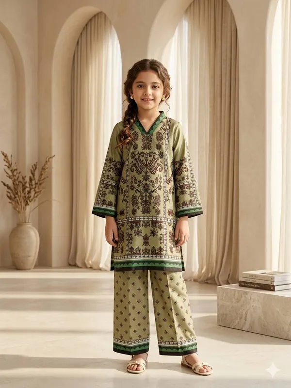 Olive_Green_with_Soft_Print_Co-Ord_Set_For_Girls