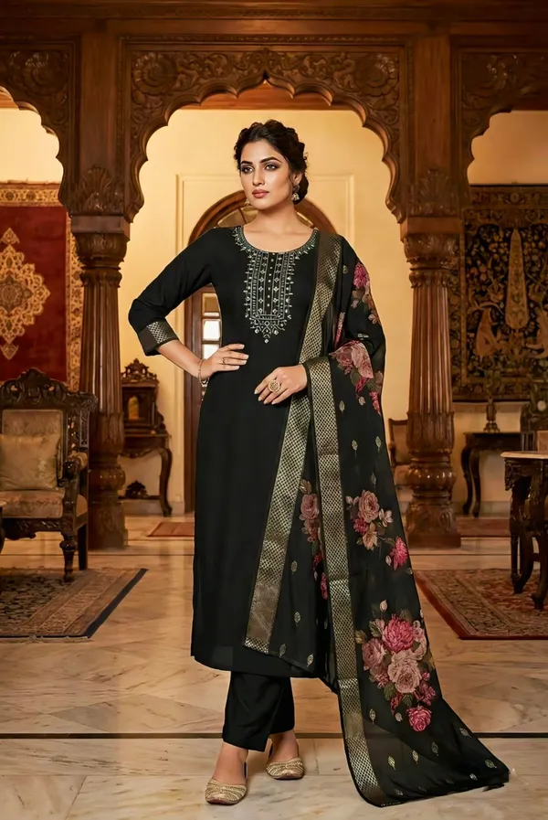 Black_Embroidered_Salwar_Suit_Set_With_Floral_Dupatta_For_Women