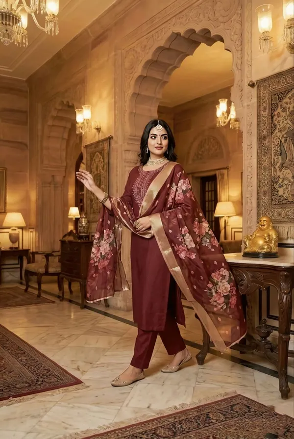 Maroon_Embroidered_Salwar_Suit_With_Floral_Dupatta_Ethnic_Wear_For_Women