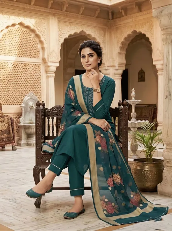 Teal_Green_Embroidered_Straight_Kurta_Set_With_Floral_Dupatta_For_Women
