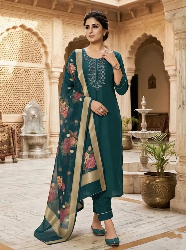 Teal_Green_Embroidered_Straight_Kurta_Set_With_Floral_Dupatta_For_Women