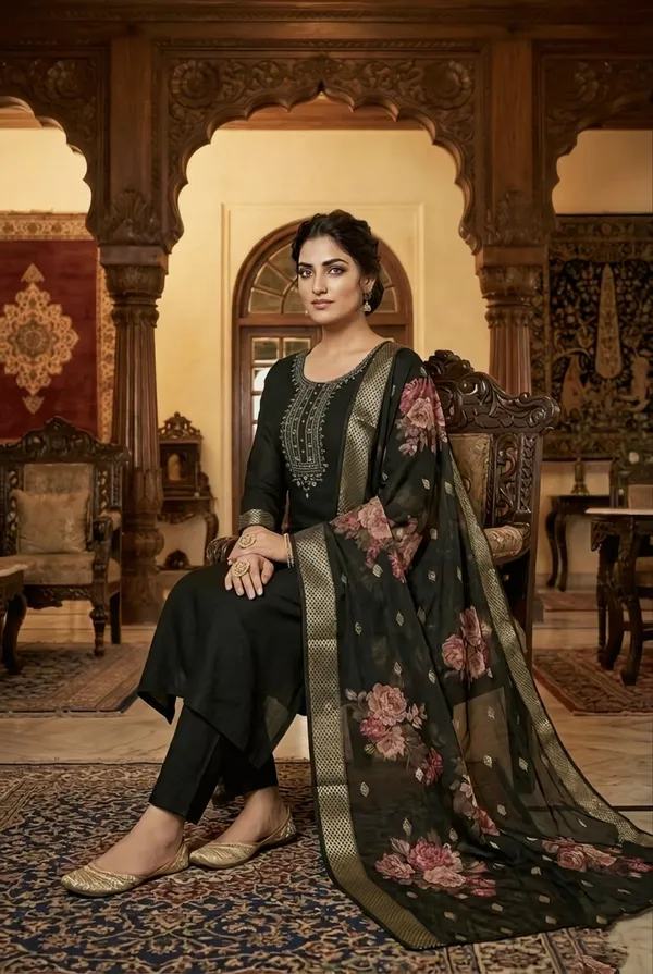 Black_Embroidered_Salwar_Suit_Set_With_Floral_Dupatta_For_Women