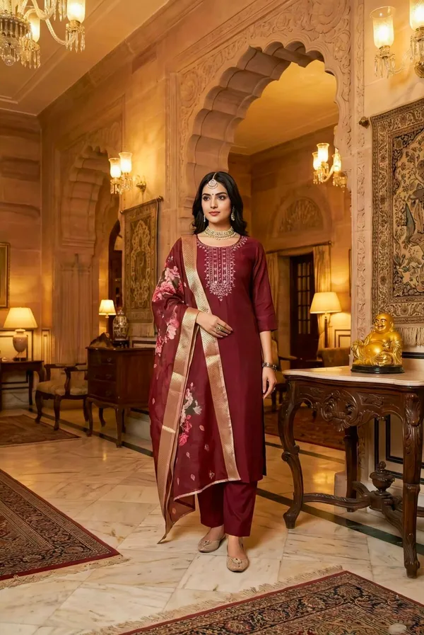Maroon_Embroidered_Salwar_Suit_With_Floral_Dupatta_Ethnic_Wear_For_Women