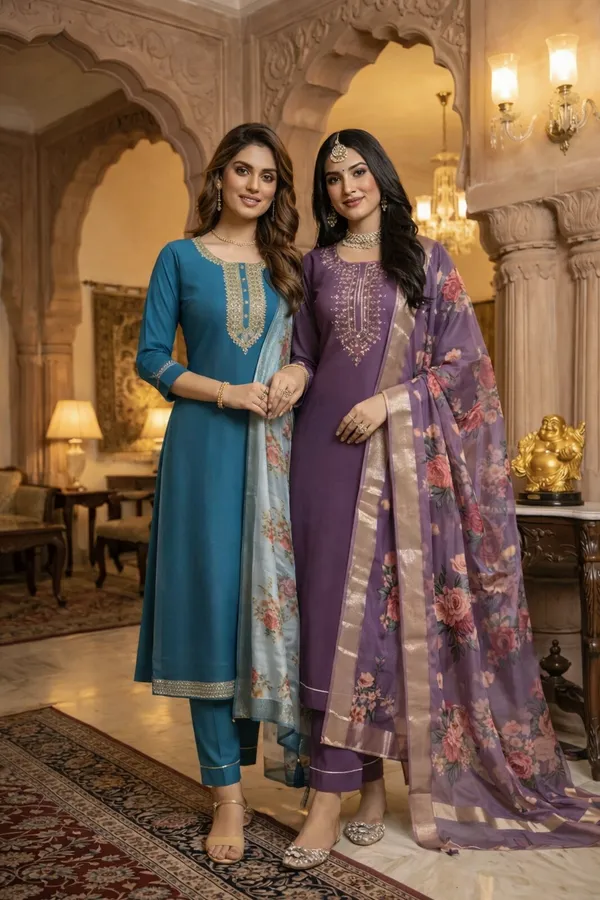 Teal_Blue_Embroidered_Kurta_Set_With_Floral_Printed_Dupatta_Ethnic_Wear_For_Women
