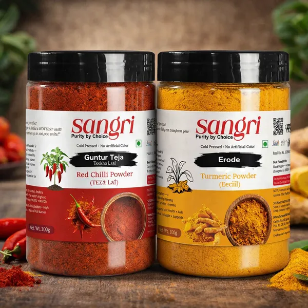 Erode_Haldi_Cold_Pressed_Turmeric_Powder_From_Tamil_Nadu_100G_And_Guntur_Teja_Red_Chilli_Powder_Extra_Hot_100G_Pack_Of_2