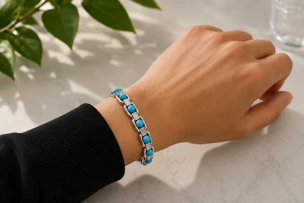 Natural_Rose_Quartz_Bracelet_With_German_Silver_Link_|_Silver_And_Turquoise_Blue