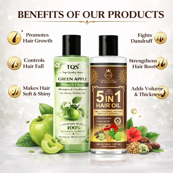 TQS_Top_Quality_Store_Green_Apple_Shampoo_with_Amla_&_3_in_1_Hair_Oil_enriched_with_Bhringraj,_Fenugreek_and_Herbal_Extracts,_Ayurvedic_Hair_Care_Combo_for_Strong,_Smooth_&_Shiny_Hair