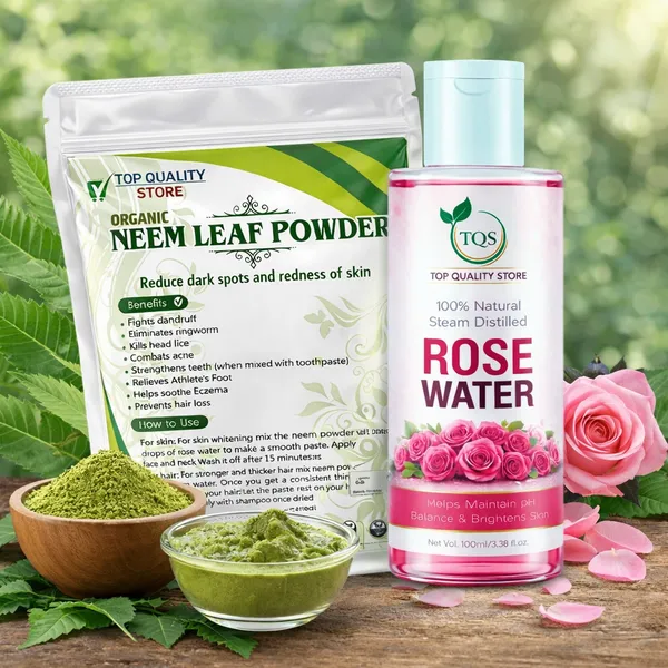 TQS_Neem_Leaf_Powder_with_Rose_Water_Combo_|_100%_Natural_Neem_Powder_&_Steam_Distilled_Rose_Water_|_Acne_Care,_Dandruff_Control_&_Skin_Brightening_|_Face_Pack_&_Hair_Pack_Combo