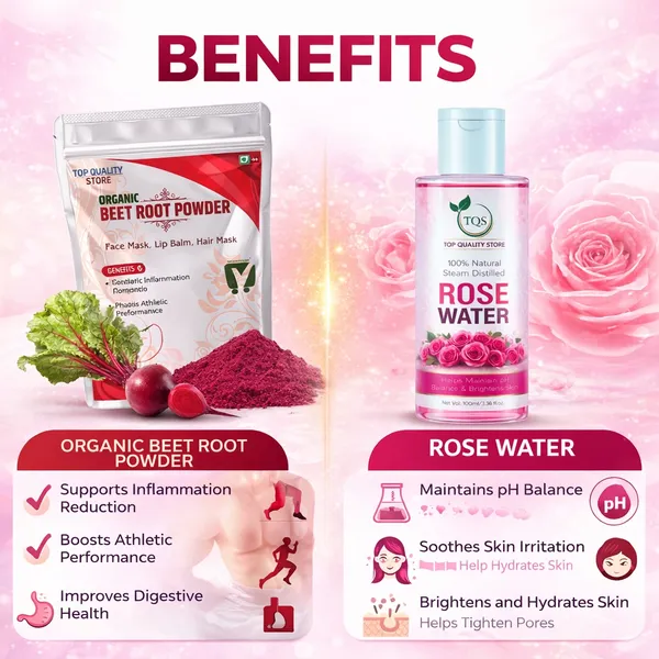 TQS_Organic_Beetroot_Powder_with_Rose_Water_|_Natural_Skin_&_Hair_Care_Combo_|_Helps_Brighten_Skin,_Improve_Glow_&_Hydration_|_Ideal_for_Face_Mask,_Hair_Mask_&_Lip_Care