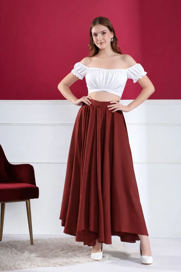 Women'S_Two-Piece_Peasant_Top_And_Flared_Skirt_Set_-_White_Crop_Top_With_Maroon_Skirt