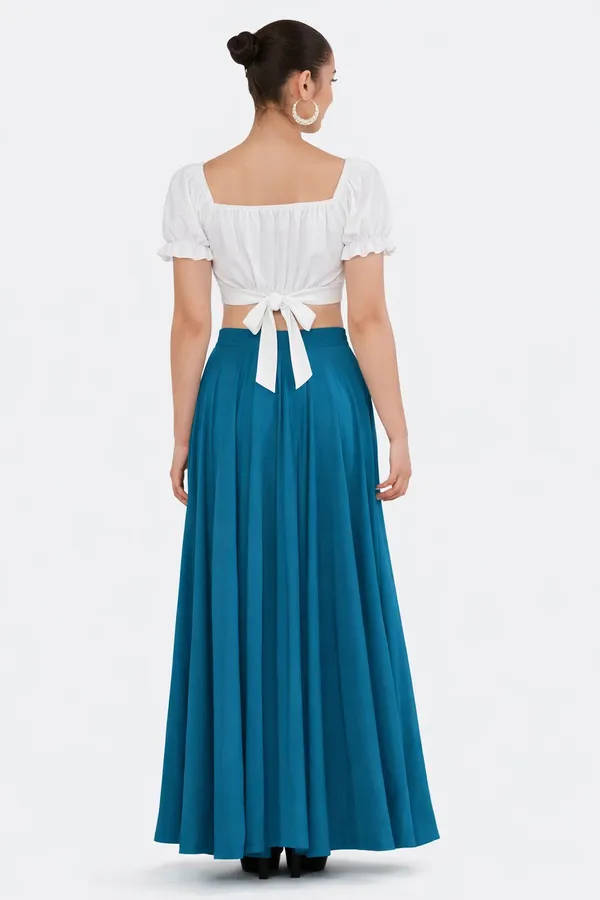 Women'S_Blue_Full-Length_Flared_Skirt_With_White_Crop_Top_Set