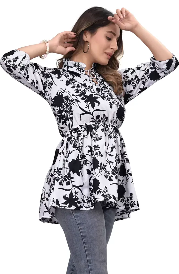 Black_And_White_Floral_Print_Women'S_Top