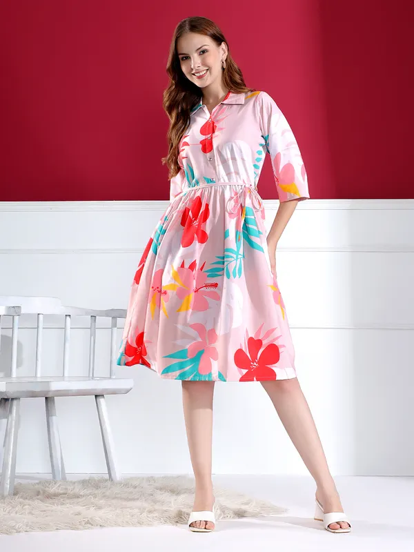 Pink_Floral_Print_Shirt_Dress_For_Women