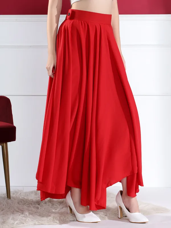 Women'S_Red_Asymmetric_Hem_Pleated_Maxi_Skirt