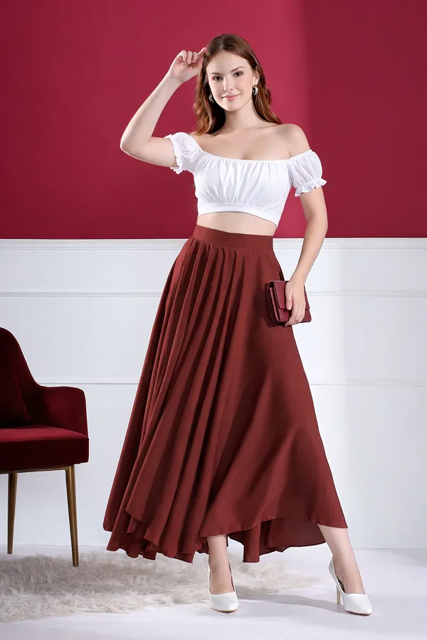 Women'S_Two-Piece_Peasant_Top_And_Flared_Skirt_Set_-_White_Crop_Top_With_Maroon_Skirt