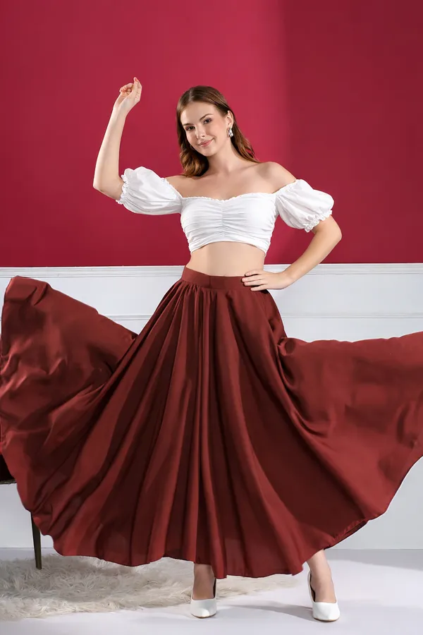 Women'S_Two-Piece_Peasant_Top_And_Flared_Skirt_Set_-_White_Crop_Top_With_Maroon_Skirt