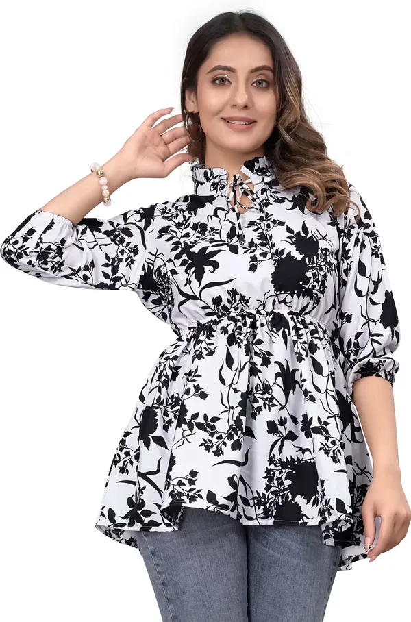 Black_And_White_Floral_Print_Women'S_Top
