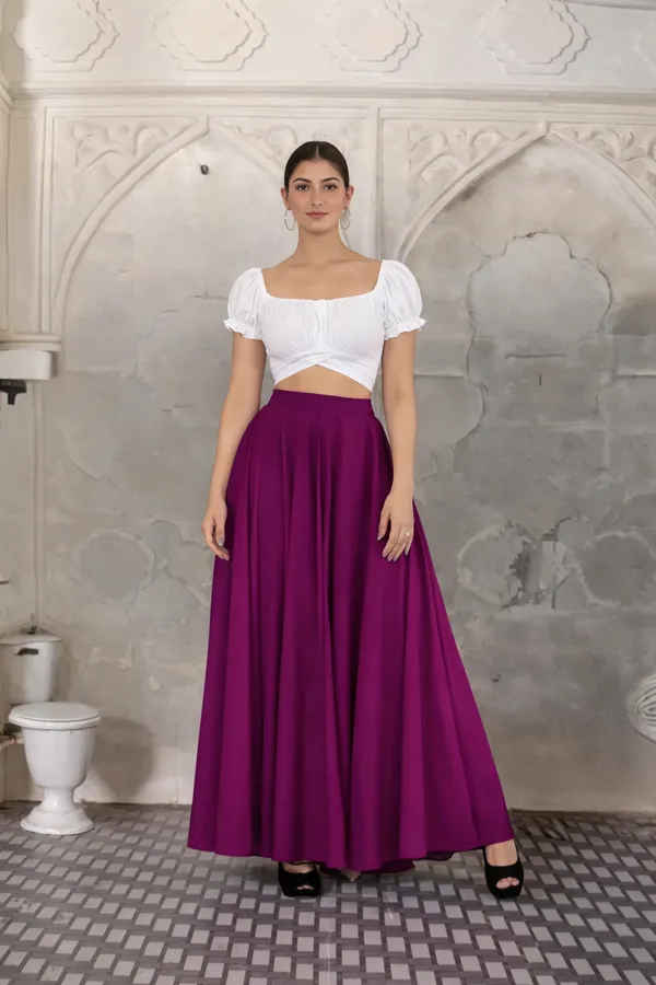 Women'S_Two-Piece_Outfit_-_White_Puff_Sleeve_Crop_Top_With_Magenta_Flared_Maxi_Skirt