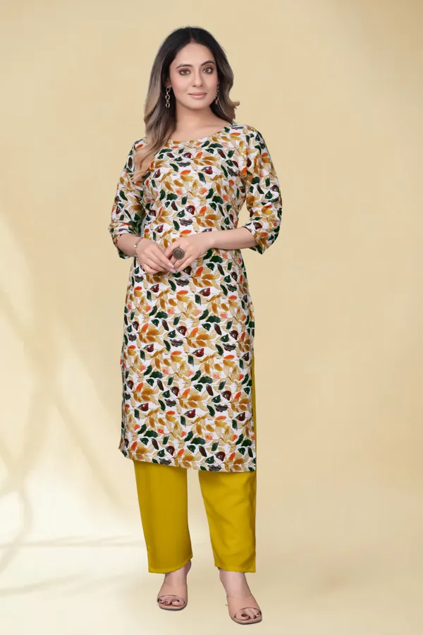 Women'S_Off-White_Floral_Print_Kurta_With_Yellow_Pants_Set