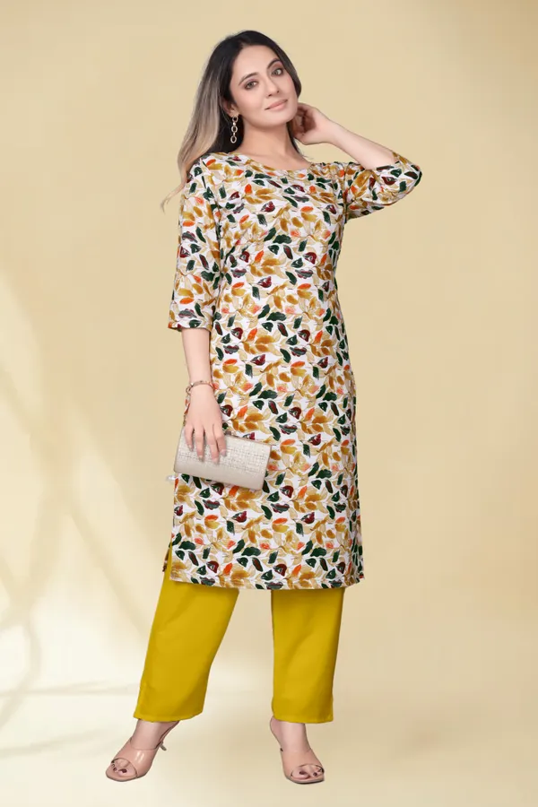 Women'S_Off-White_Floral_Print_Kurta_With_Yellow_Pants_Set