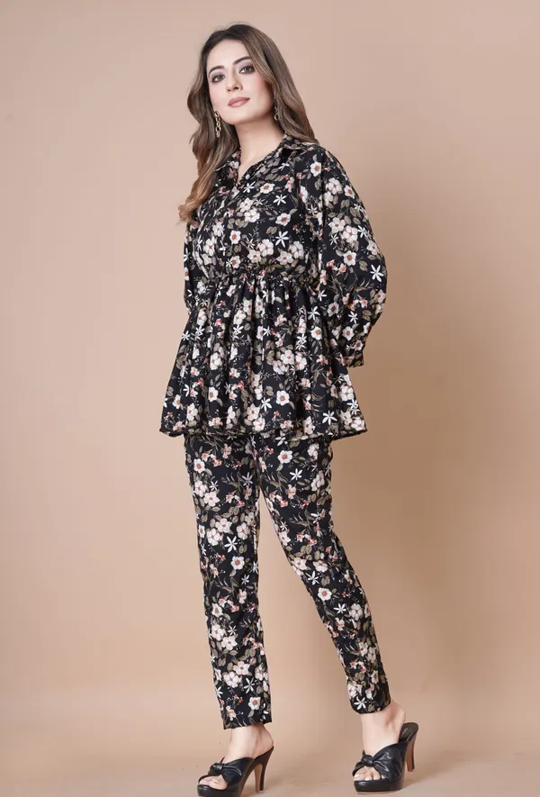 Black_Floral_Printed_Co-Ord_Set_With_Peplum_Top_And_Pants