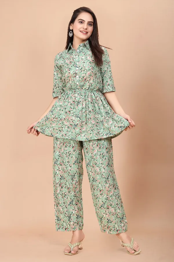 Women'S_Green_Floral_Print_Co-Ord_Set_With_Belt