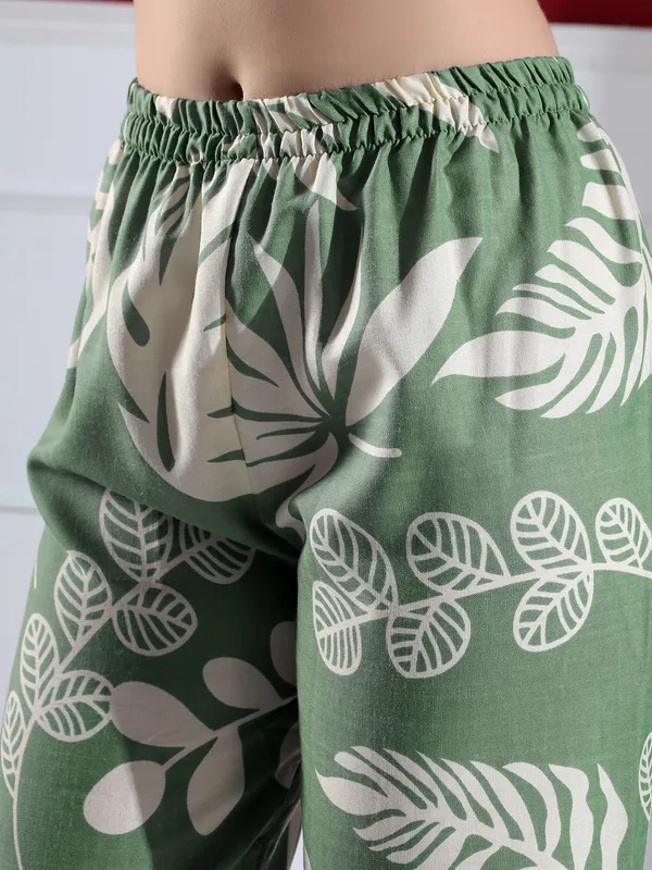 Green_Tropical_Print_Co-Ord_Set_For_Women_-_Collared_Shirt_And_Palazzo_Pants