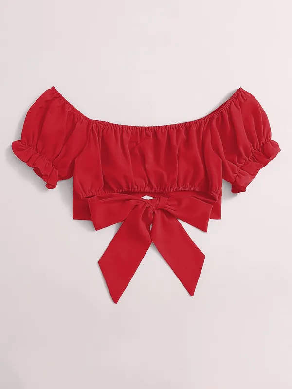 Red_Off-Shoulder_Crop_Top_With_Puff_Sleeves_And_Bow_Tie