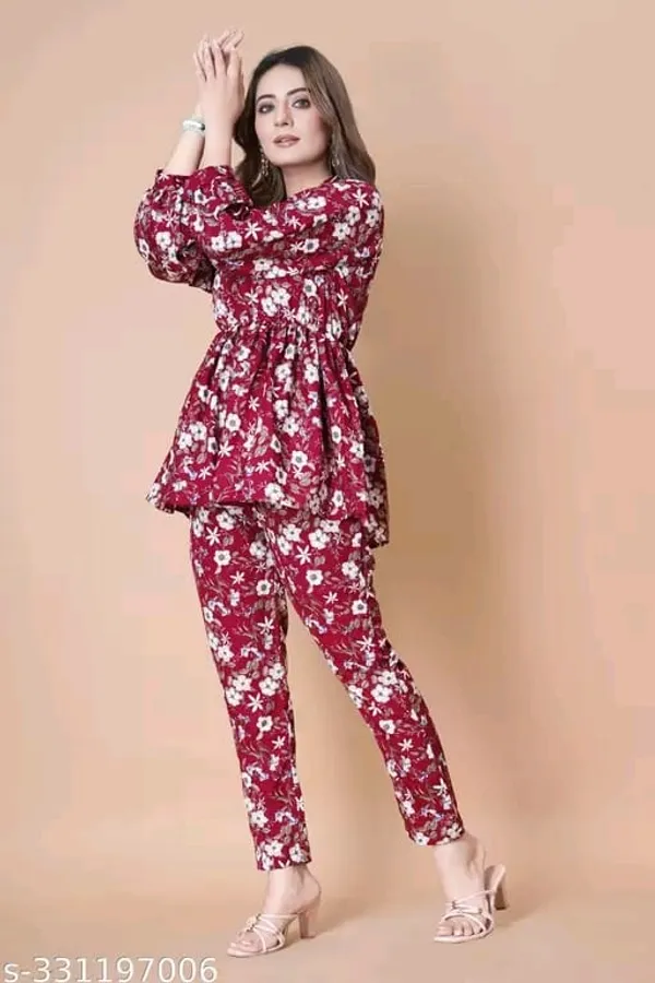 Maroon_Floral_Printed_Co-Ord_Set_With_Peplum_Top_And_Pants