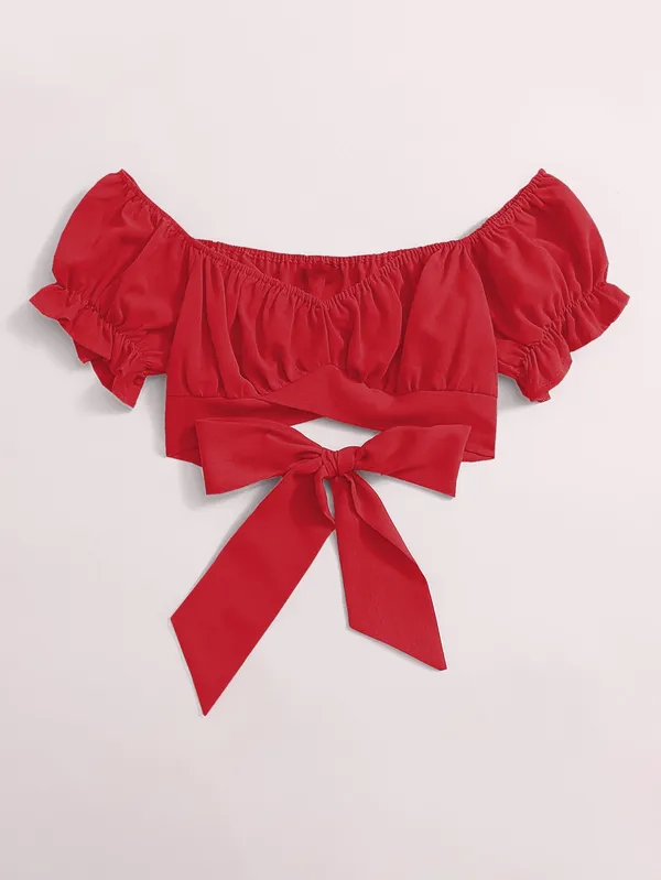 Red_Off-Shoulder_Crop_Top_With_Puff_Sleeves_And_Bow_Tie