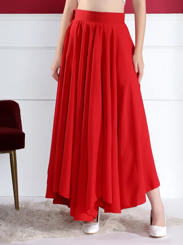 Women'S_Red_Asymmetric_Hem_Pleated_Maxi_Skirt
