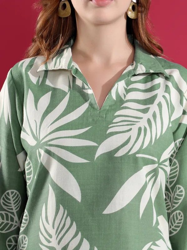 Green_Tropical_Print_Co-Ord_Set_For_Women_-_Collared_Shirt_And_Palazzo_Pants