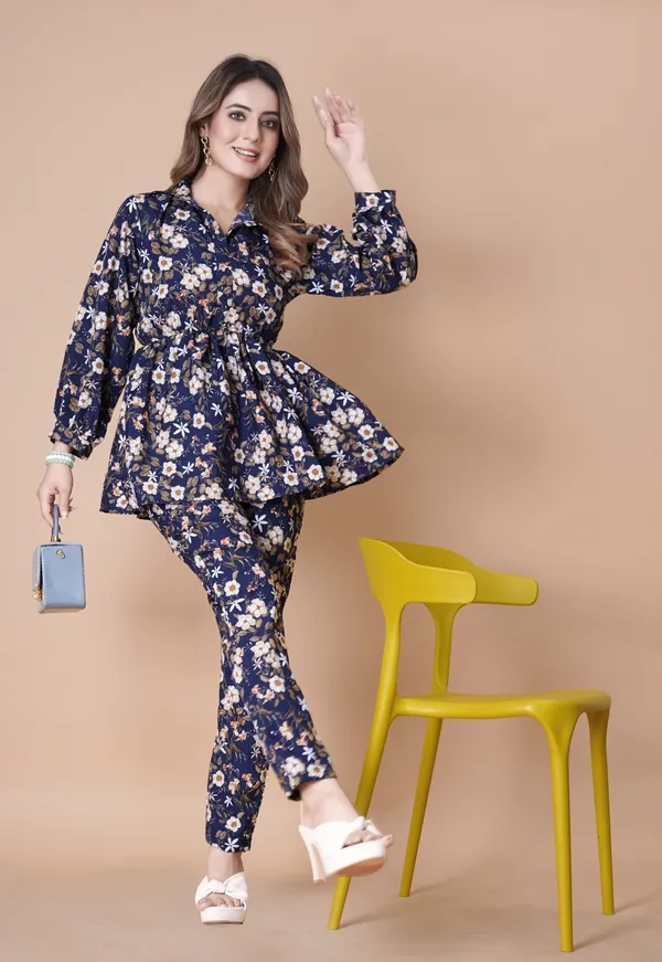 Navy_Blue_Floral_Printed_Co-Ord_Set_With_Peplum_Top_And_Pants