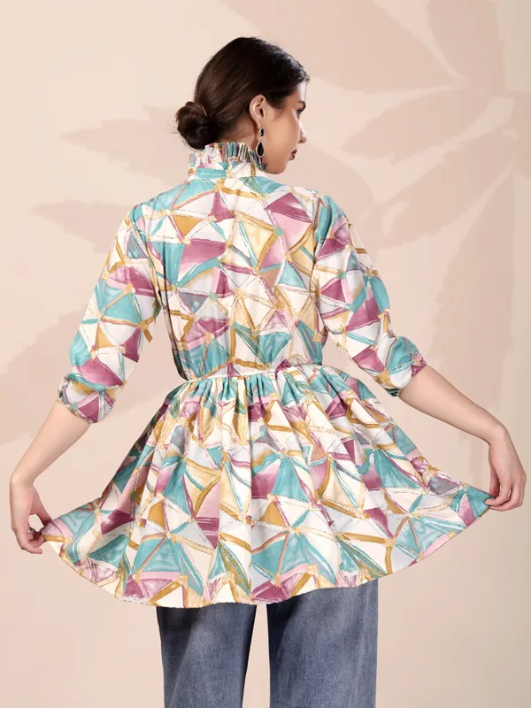 Women'S_Geometric_Print_High_Neck_Tunic_Top_With_Gathered_Waist
