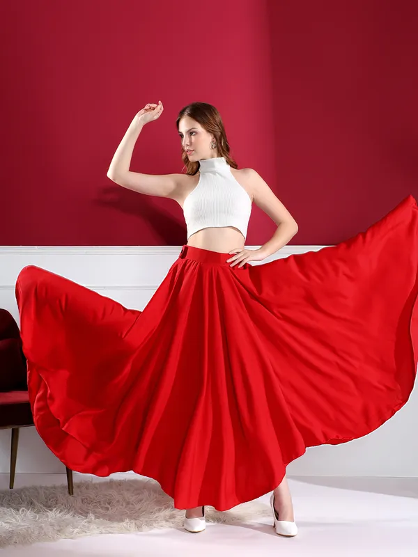 Women'S_Red_Asymmetric_Hem_Pleated_Maxi_Skirt