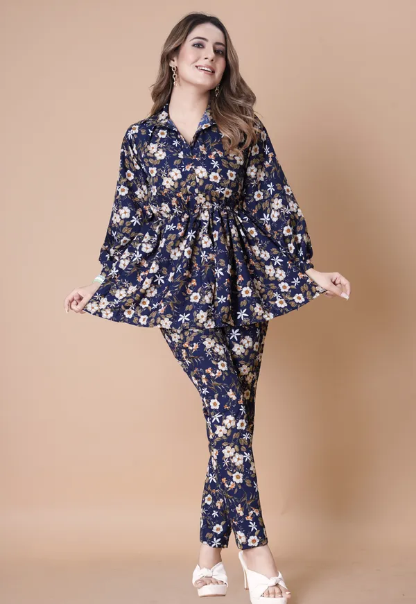 Navy_Blue_Floral_Printed_Co-Ord_Set_With_Peplum_Top_And_Pants