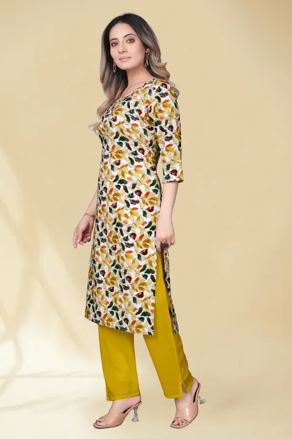 Women'S_Off-White_Floral_Print_Kurta_With_Yellow_Pants_Set