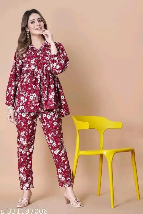 Maroon_Floral_Printed_Co-Ord_Set_With_Peplum_Top_And_Pants