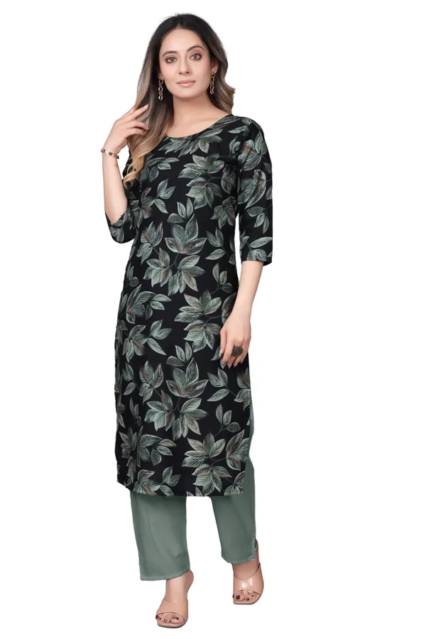 Women'S_Black_And_Green_Floral_Print_Three-Quarter_Sleeve_Kurti
