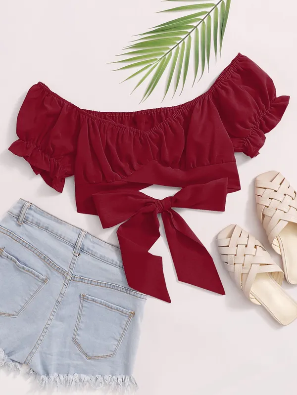 Maroon_Off-Shoulder_Crop_Top_With_Ruffle_Sleeves_And_Tie-Up_Detail