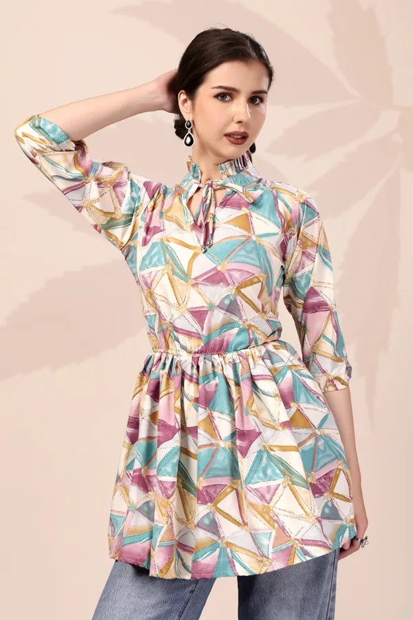 Women'S_Geometric_Print_High_Neck_Tunic_Top_With_Gathered_Waist