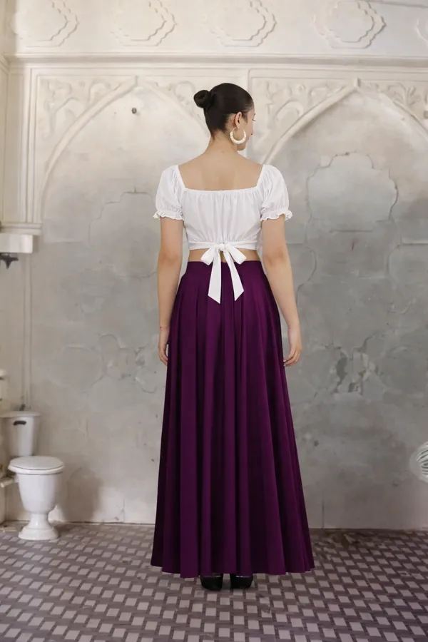 Women'S_White_Off-Shoulder_Crop_Top_With_Purple_Maxi_Skirt_Set