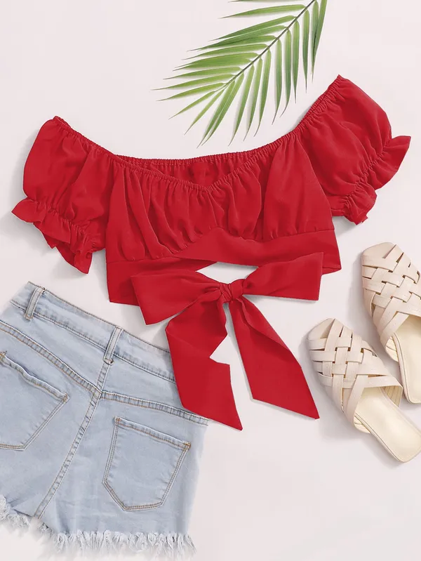 Red_Off-Shoulder_Crop_Top_With_Puff_Sleeves_And_Bow_Tie